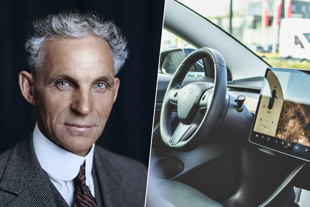 Henry Ford junto a un Ford T y autos eléctricos modernos de Tesla y BYD