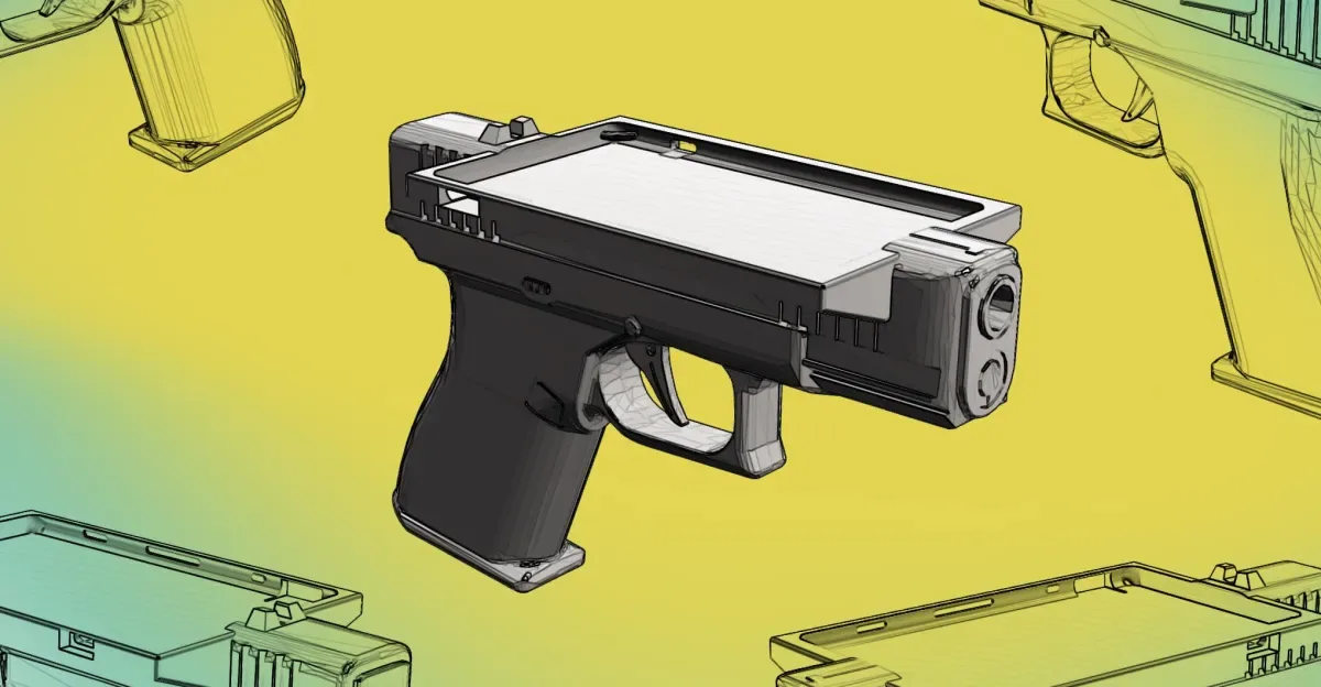 Estuche 3D impreso en forma de pistola con un e-reader Xteink X4 colocado encima