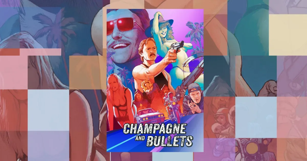 Portada de la película Champagne and Bullets con actores en pose de acción ridícula