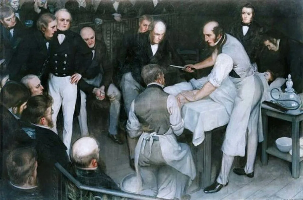 Retrato histórico de Robert Liston con escalpelo y bata de cirujano del siglo XIX