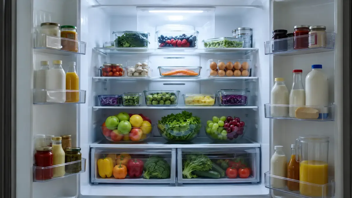 Alimentos ordenados dentro de una heladera doméstica