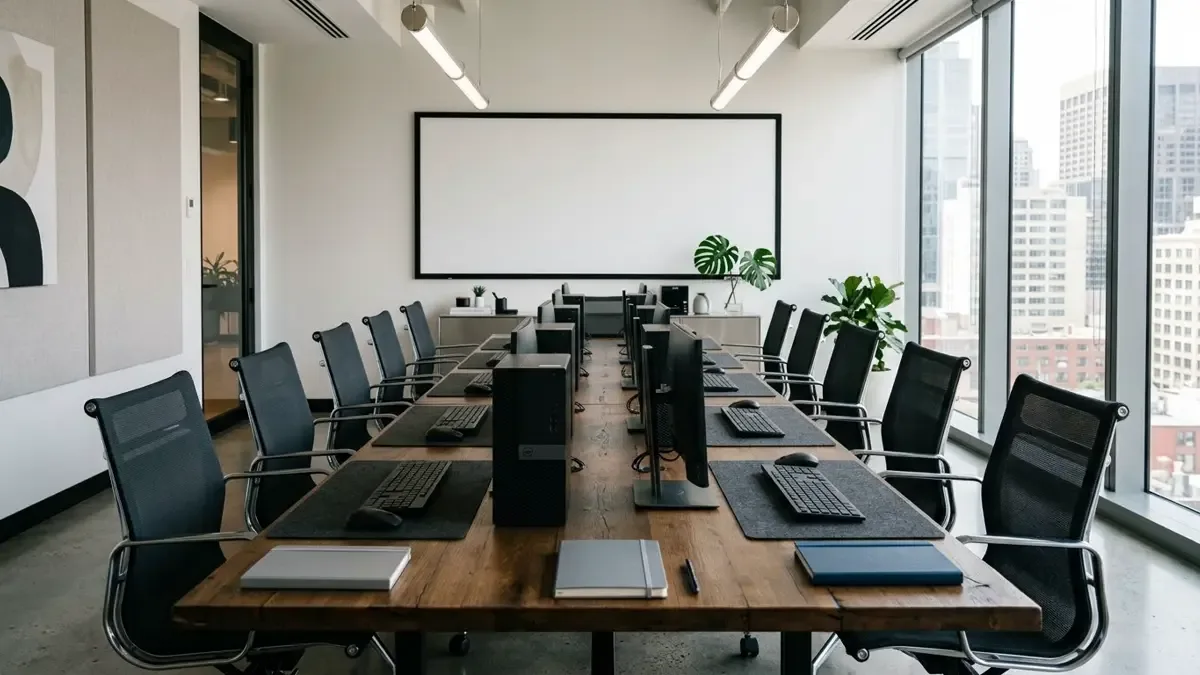 Aula ilustrativa con computadoras para una actividad de formación