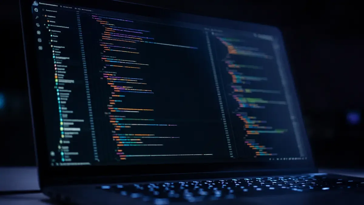 Pantalla de notebook mostrando código de programación en editor oscuro