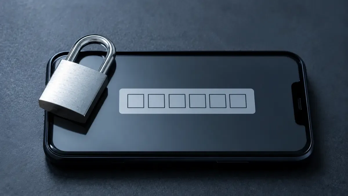 Candado metálico sobre un celular con seis casilleros vacíos en pantalla