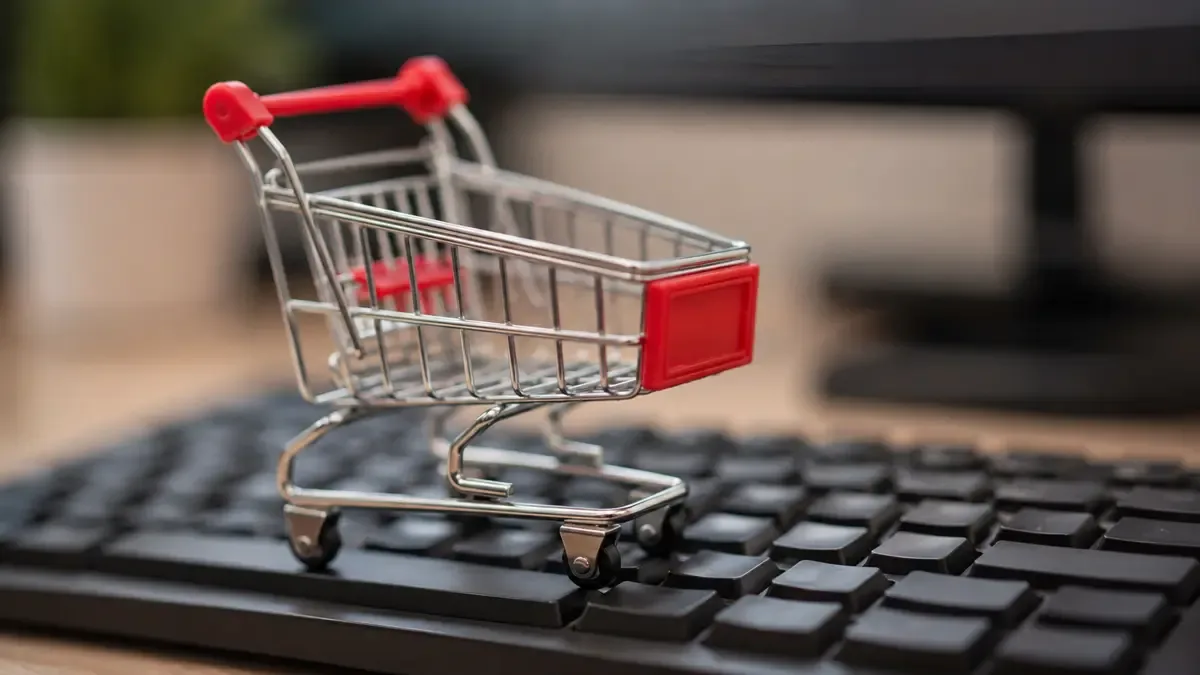 Carrito de compras en miniatura apoyado sobre un teclado
