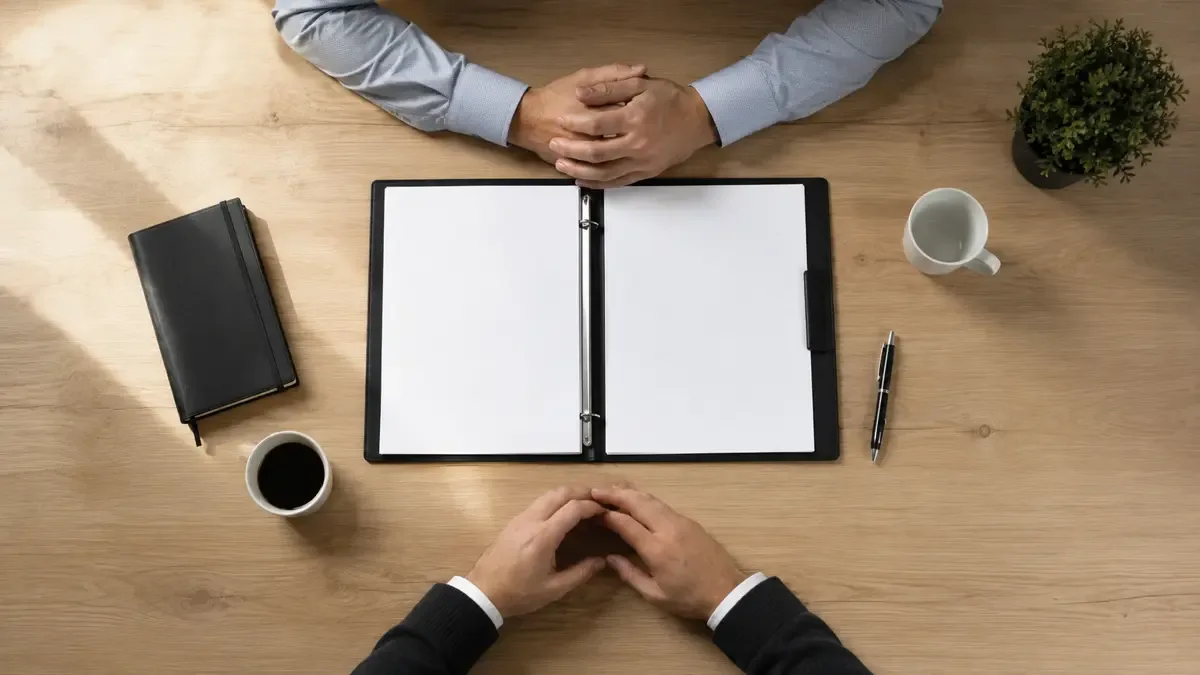 Vista cenital de un escritorio con dos pares de manos y una carpeta abierta