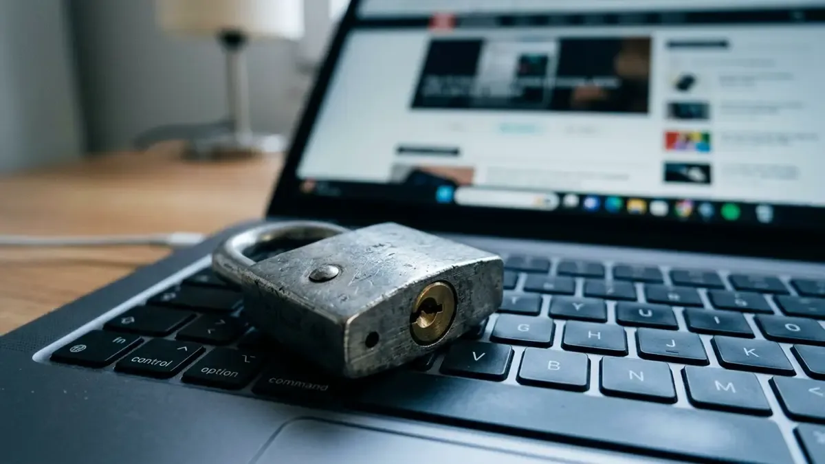Candado metálico cerrado apoyado sobre el teclado de una notebook
