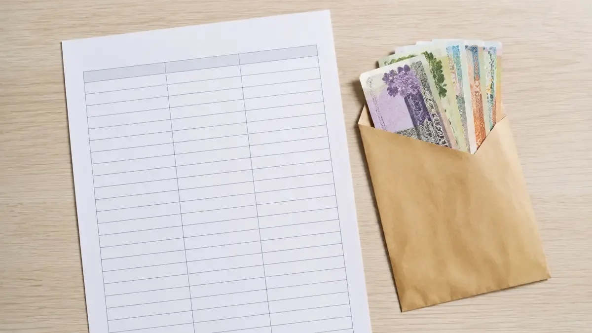 Hoja con grilla de renglones vacíos junto a un sobre con billetes