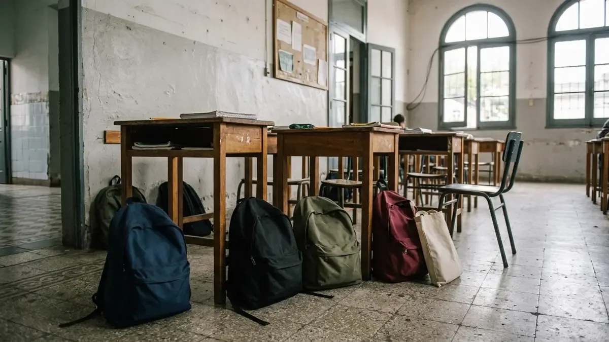 Mochilas lisas apoyadas junto a pupitres en un centro comunitario, plano medio documental, perspectiva natural