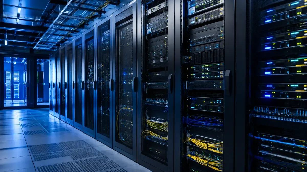Pasillo de un centro de datos con servidores, imagen ilustrativa