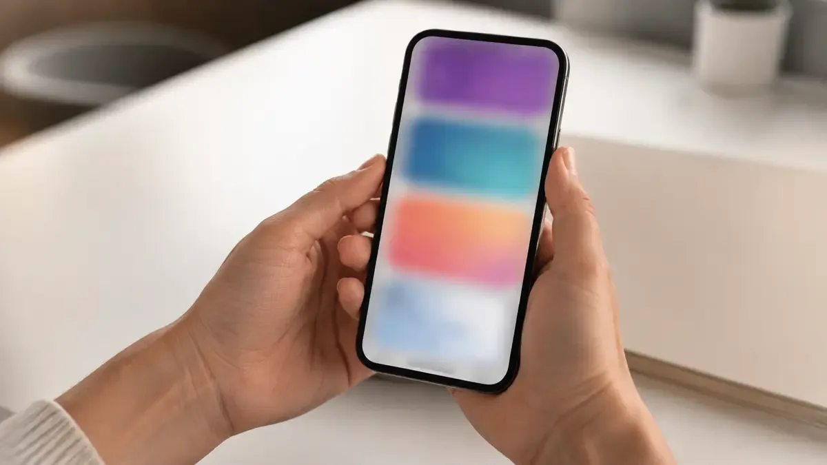 Manos sosteniendo un celular con bloques de interfaz difuminados