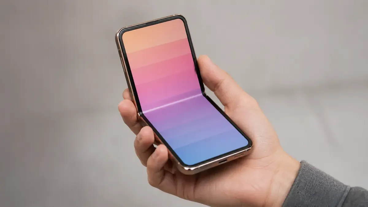 Mano sosteniendo un teléfono plegable abierto con franjas de color en pantalla