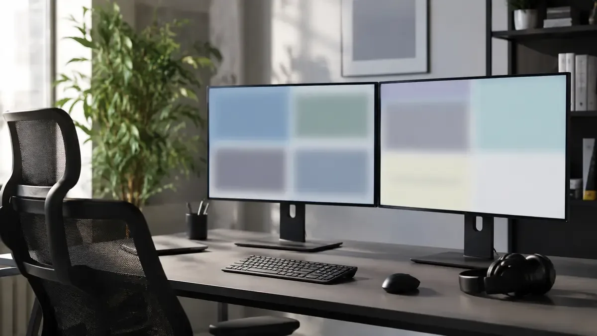 Escritorio con dos monitores encendidos y ventanas difuminadas