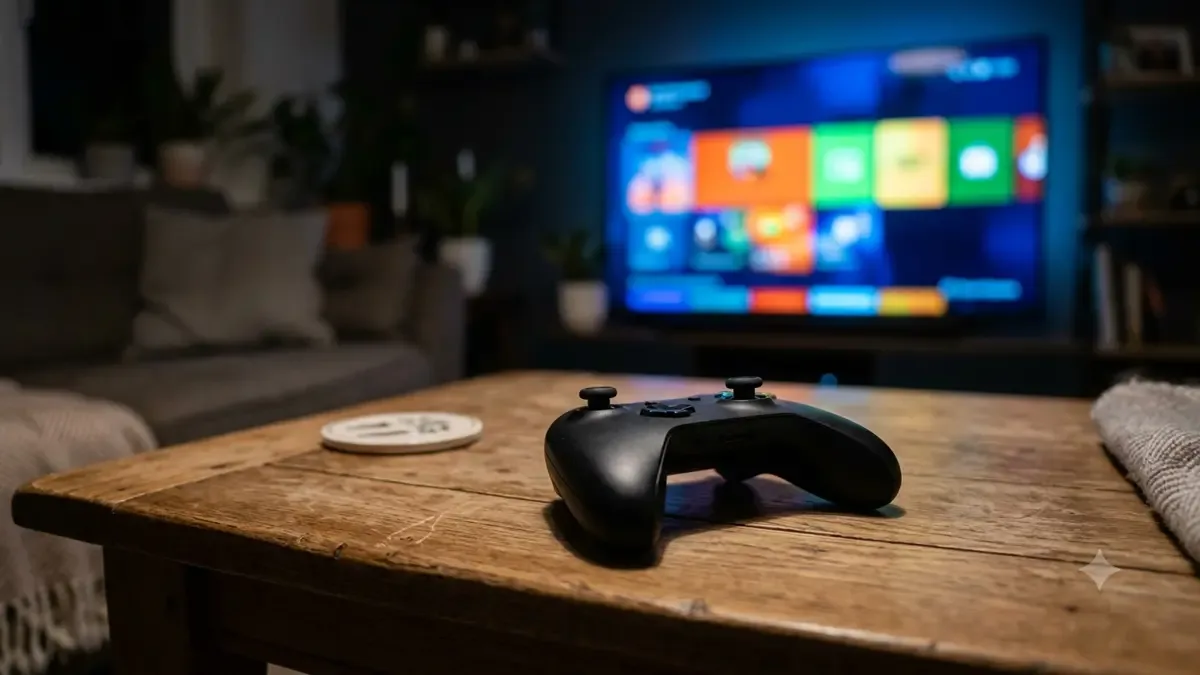 Joystick de consola sobre una mesa ratona frente a un televisor encendido