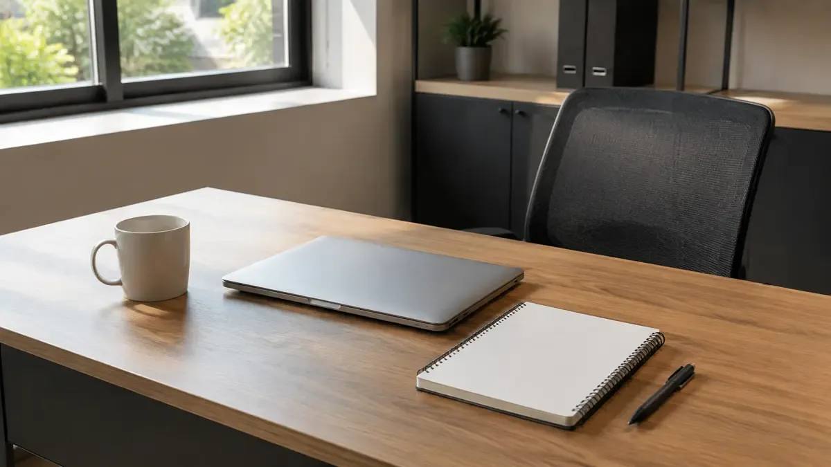 Escritorio de oficina con computadora cerrada, cuaderno y taza