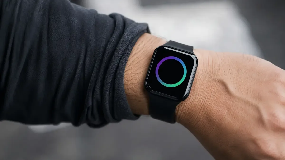 Reloj inteligente en una muñeca con un anillo de color en la pantalla