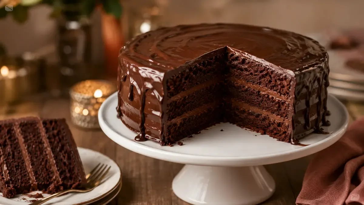 Torta de chocolate con una porción cortada que muestra las capas