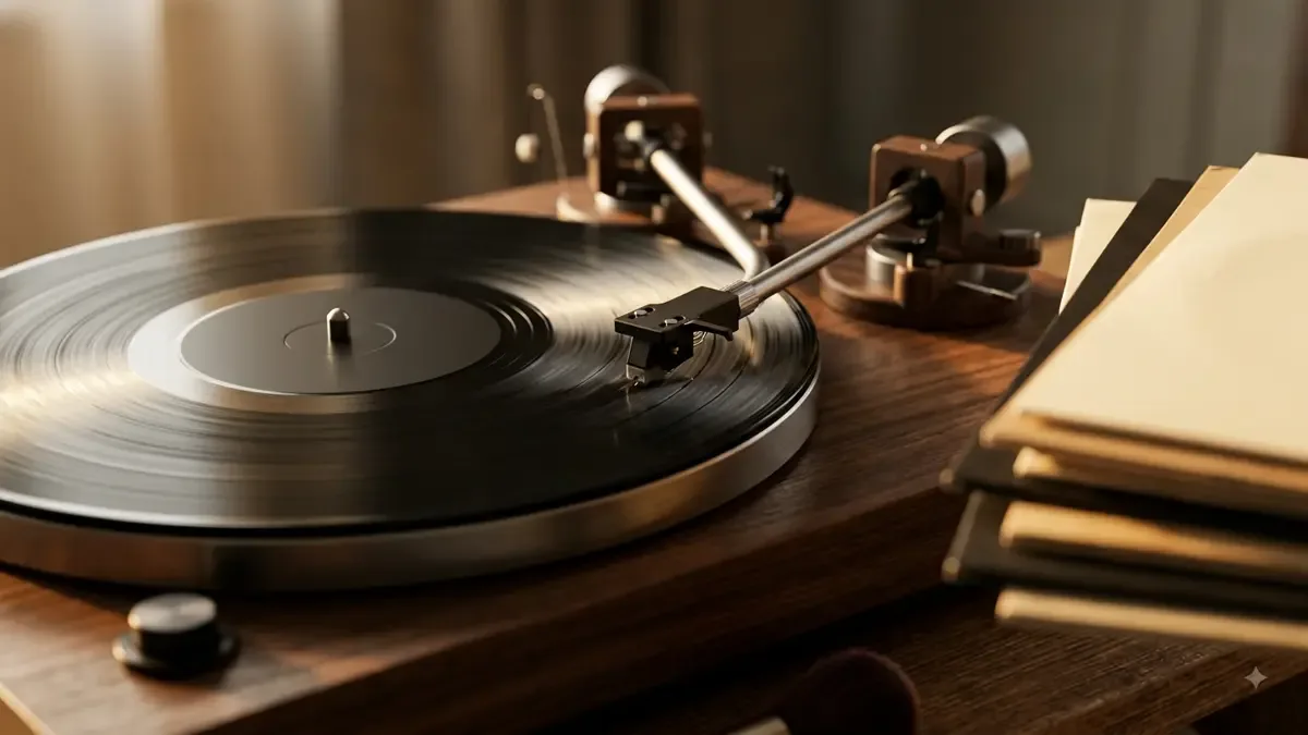 Primer plano de la aguja de un tocadiscos apoyada sobre un disco de vinilo en movimiento