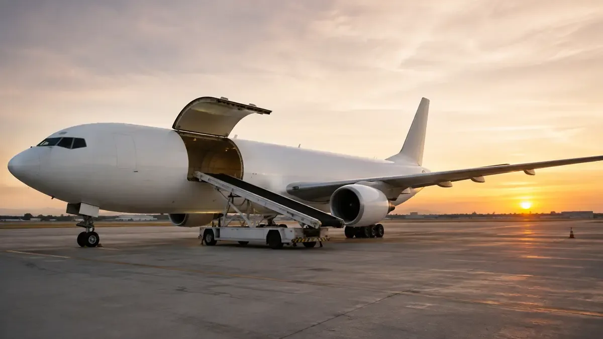 Avión de carga blanco con la bodega abierta en la pista