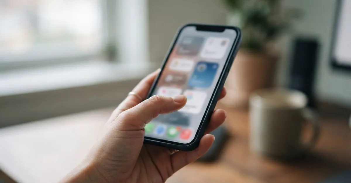 Una mano sostiene un teléfono con aplicaciones; imagen ilustrativa generada con IA.