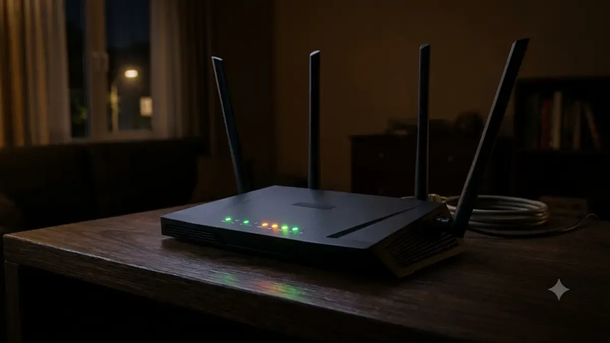 Router con antenas y luces LED parpadeando en penumbra