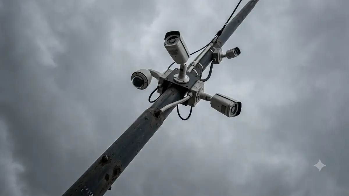 Poste urbano con cuatro camaras de vigilancia apuntando en distintas direcciones
